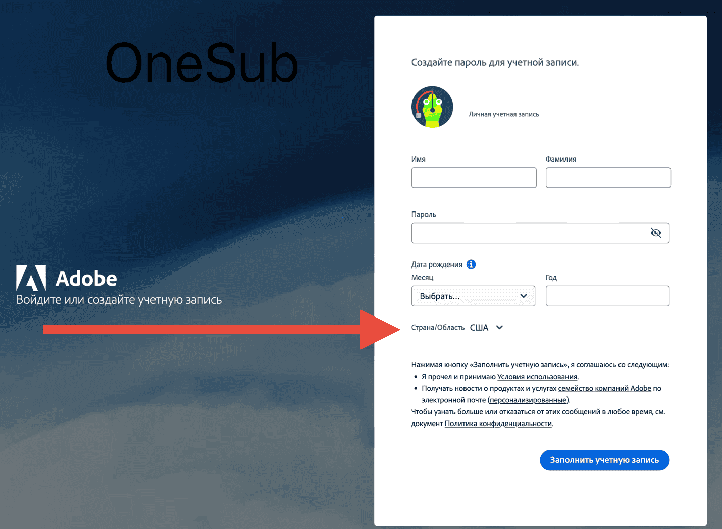 Ввод данных аккаунта