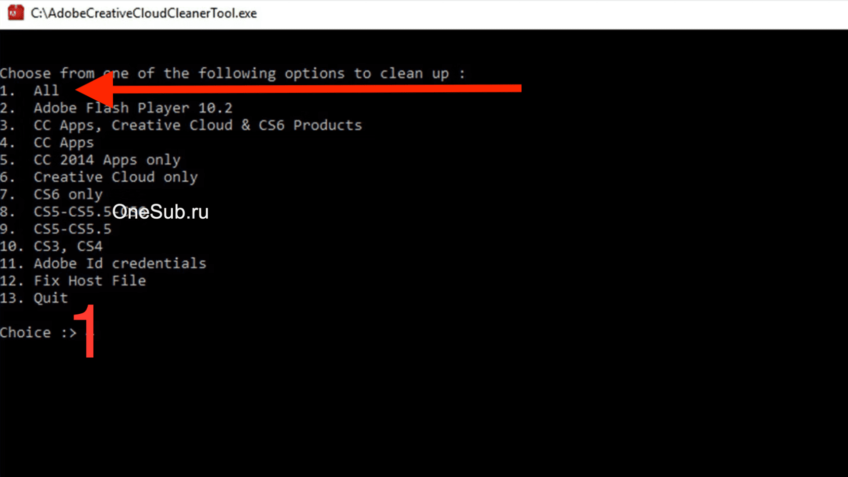 Окно Adobe Creative Cloud Cleaner Tool в Windows: нумерованный список вариантов очистки, выбран пункт 1 — All